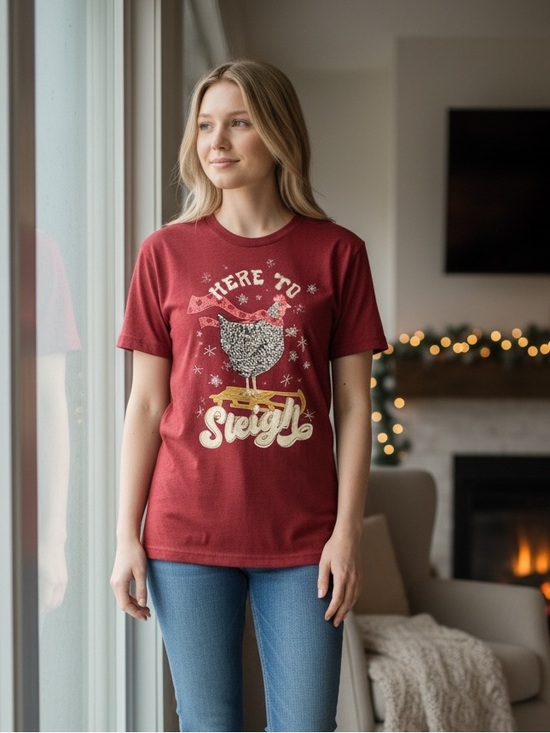 Tops - Red 'Here to Sleigh' Graphic Tee 🐓